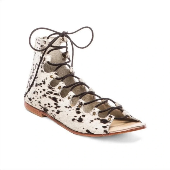 Matisse Exotic Sandal with Calf Hair in White & Black Animal‎ Print Lace Up Shoe - Picture 1 of 10